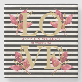 LIEBE und Blume auf Black Stripes Hochzeitstag Steinuntersetzer