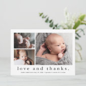 Liebe und Dank 3 Foto Baby Dankeskarte (Stehend Vorderseite)
