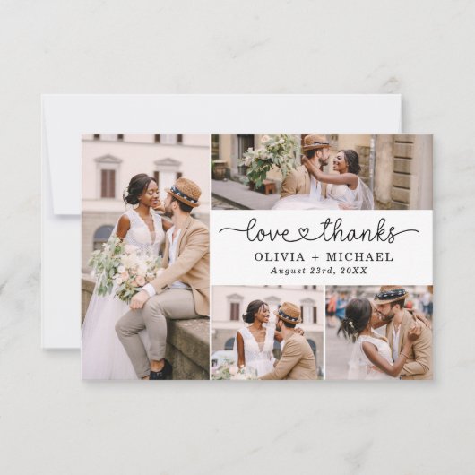 Liebe und Dank 5 Foto Collage Script Hochzeit Dankeskarte (Vorderseite)