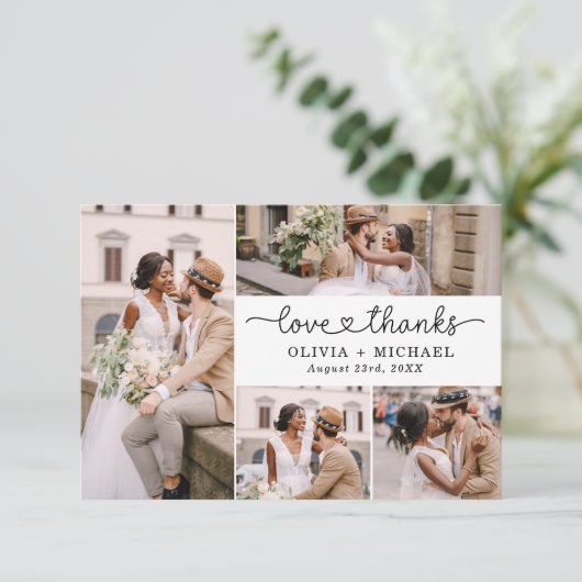 Liebe und Dank 5 Foto Collage Script Hochzeit Dankeskarte (Stehend Vorderseite)