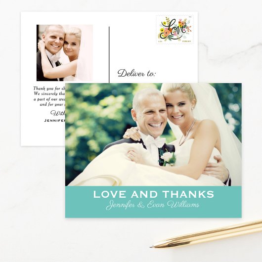 Liebe und Dank an Aqua Blue Wedding Monogram Foto Postkarte