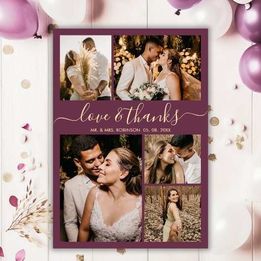 Liebe und Dank an Burgundy Foto Collage Wedding Dankeskarte