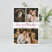 Liebe und Dank an Burgundy Script Wedding Foto Dankeskarte (Stehend Vorderseite)