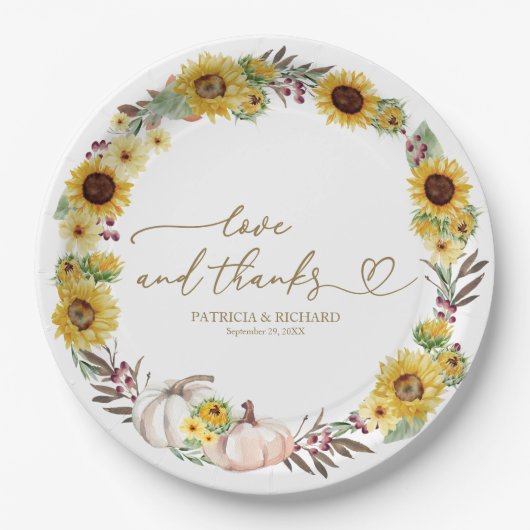 Liebe und Dank an die Sonnenblumen Pumpkin Hochzei Pappteller (Vorderseite)
