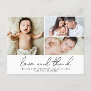 Liebe und Dank Baby 3 Fotos Geburtsankündigung Postkarte