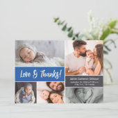Liebe und Dank Baby Foto Collage Blue Dankeskarte (Stehend Vorderseite)