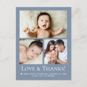 Liebe und Dank Baby Foto Geburtsanzeige Blau Postkarte