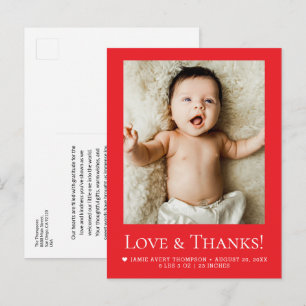 Liebe und Dank Baby-Foto-Geburtsanzeige ROT Postkarte
