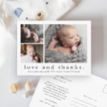 Liebe und Dank Baby Foto Geburtserklärung Postkarte<br><div class="desc">Eine süße 3-Foto Collage Geburt Ankündigung und vielen Dank Noten Karte mit einem einfachen modernen Typ und 3 Bilder auf der Vorderseite. Der Rücken ist eine Postkarte mit einem großen Titel und einer persönlichen Nachricht aus der Familie. Klicken Sie auf die Schaltfläche Bearbeiten, um dieses Design mit Ihren Fotos und...</div>