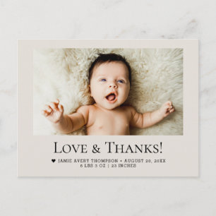 Liebe und Dank Baby-Foto Geburtsstatistik Softbeig Postkarte