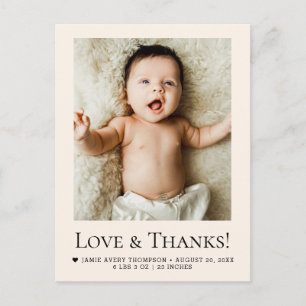 Liebe und Dank Beige Baby Foto Geburt Postkarte