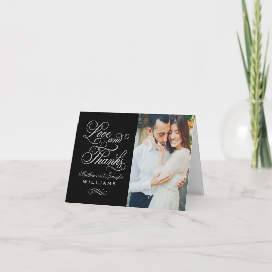 Liebe und Dank Black and Silver Wedding Foto Dankeskarte (Vorderseite)