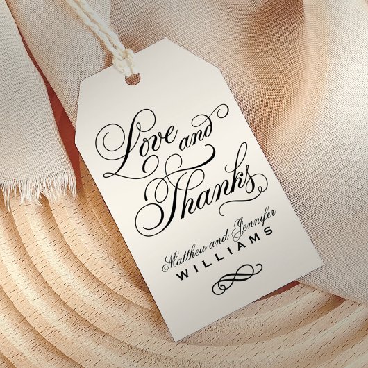 Liebe und Dank Black Calligraphy Wedgram Geschenkanhänger