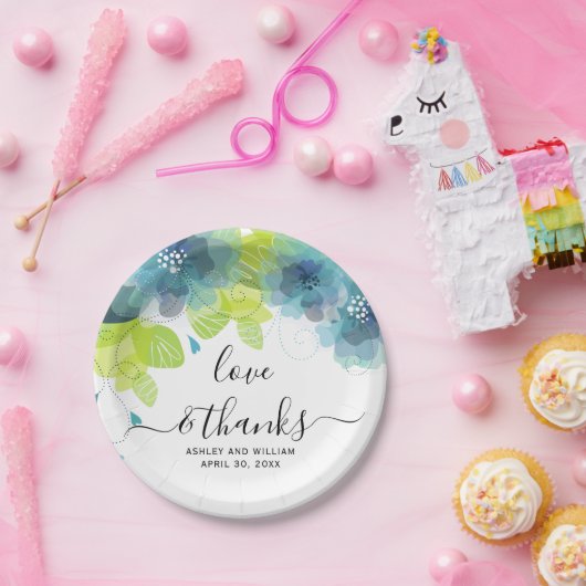 Liebe und dank blauer Blumen, Blumenhochzeit Pappteller (Party)