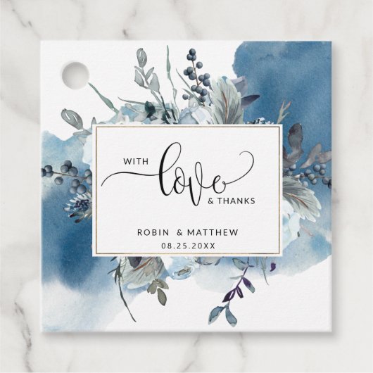 Liebe und Dank, Blue Watercolor und Floral Geschenkanhänger (Vorderseite)