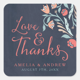 Liebe und Dank Bluish Chalkboard Blumenzwiebeln Quadratischer Aufkleber