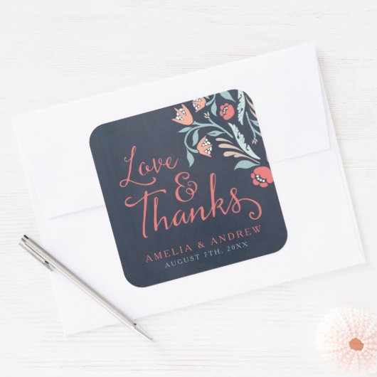 Liebe und Dank Bluish Chalkboard Blumenzwiebeln Quadratischer Aufkleber (Umschlag)