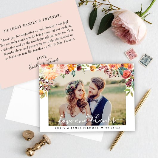 Liebe und Dank Blush Fall Bloral Wedding Foto Dankeskarte