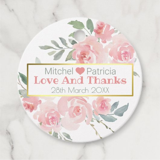 Liebe und dank der Hochzeit in Rosa und Grün. Geschenkanhänger (Vorderseite)