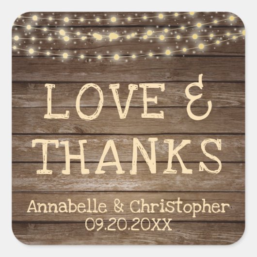 Liebe und DANK der Hochzeit rustikaler Holzsaiten Quadratischer Aufkleber (Vorderseite)