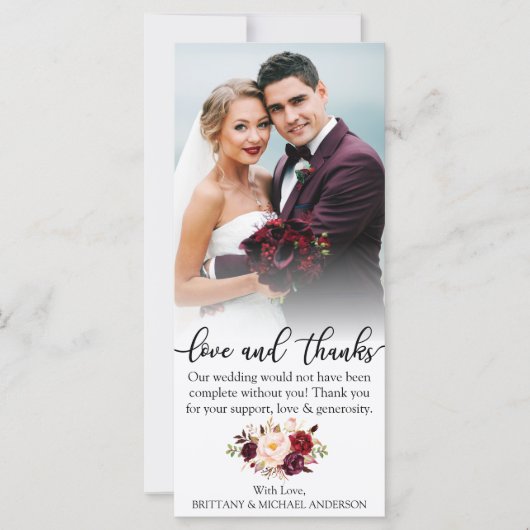 Liebe und Dank floral Burgundy Wedding Card Karte (Vorderseite)