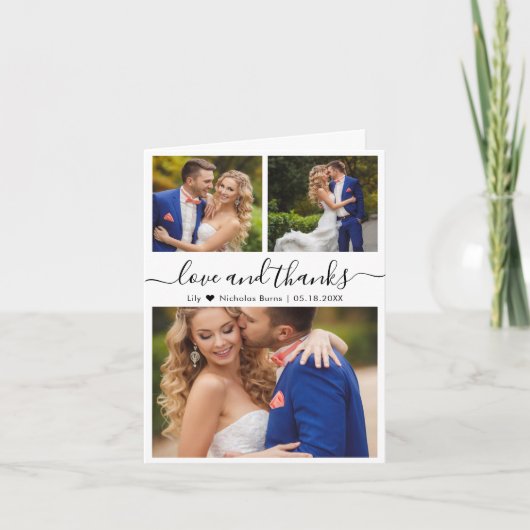 Liebe und dank Foto Collage Script Hochzeit Dankeskarte (Vorderseite)