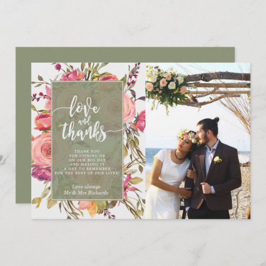 Liebe und dank Fotokarte boho rosa Flora Dankeskarte (Vorne/Hinten)