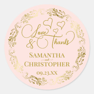 Liebe und Dank für die elegante Rosa- und Goldhoch Runder Aufkleber