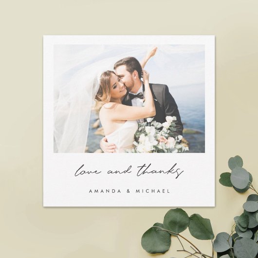 Liebe und Dank für die Schwarz-weiße Foto Hochzeit Dankeskarte