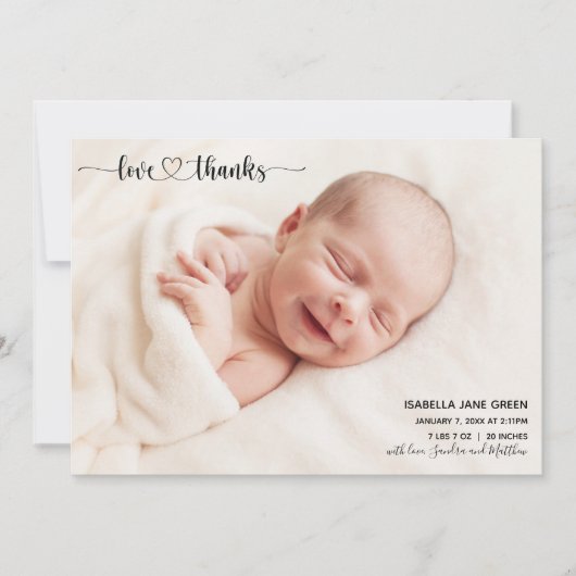 Liebe und Dank Geburtshinweis Foto-Karte Ankündigung (Vorderseite)