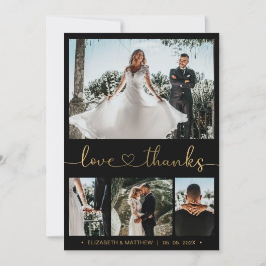 Liebe und Dank Gold Heart Script 4 Foto Hochzeit Dankeskarte (Vorderseite)
