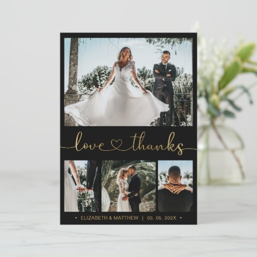 Liebe und Dank Gold Heart Script 4 Foto Hochzeit Dankeskarte (Stehend Vorderseite)