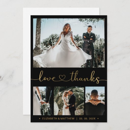 Liebe und Dank Gold Heart Script 4 Foto Hochzeit Dankeskarte (Vorne/Hinten)