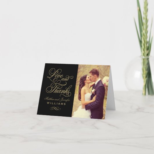 Liebe und Dank Gold Script Black Wedding Foto Dankeskarte (Vorderseite)