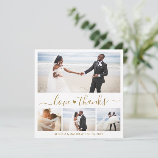 Liebe und Dank Gold Script Foto Collage Hochzeit (Stehend Vorderseite)