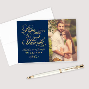 Liebe und Dank Gold Script Navy Hochzeitskampagne  Dankeskarte