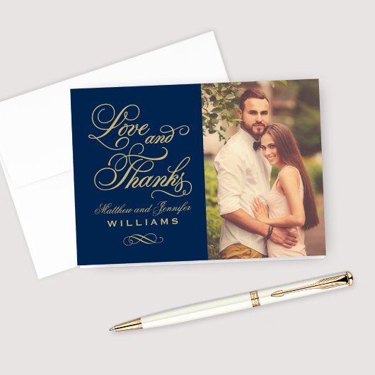 Liebe und Dank Gold Script Navy Hochzeitskampagne  Dankeskarte