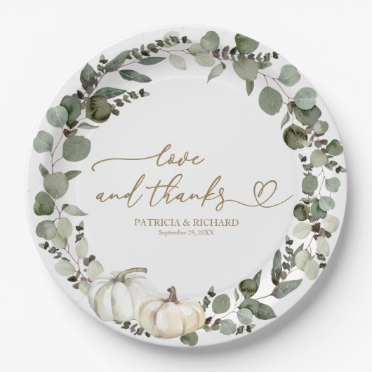 Liebe und Dank Greenery Pumpkin Wedding Pappteller (Vorderseite)