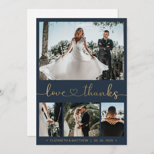 Liebe und Dank Heart Script Navy 4 Foto Hochzeit Dankeskarte (Vorne/Hinten)