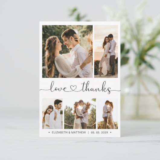 Liebe und dank Herz-Script Foto Collage Hochzeit Dankeskarte (Stehend Vorderseite)