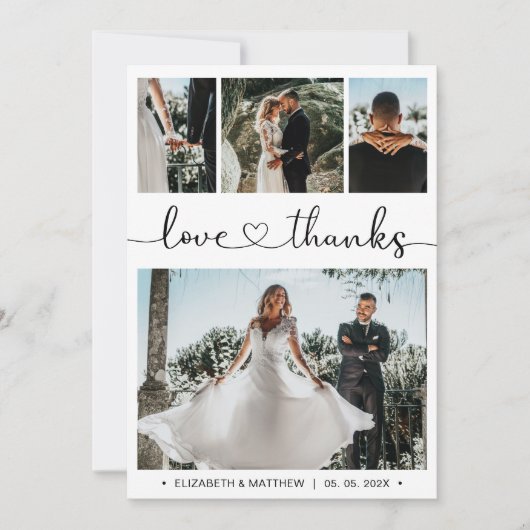 Liebe und dank Herz-Script Foto Collage Hochzeit Dankeskarte (Vorderseite)