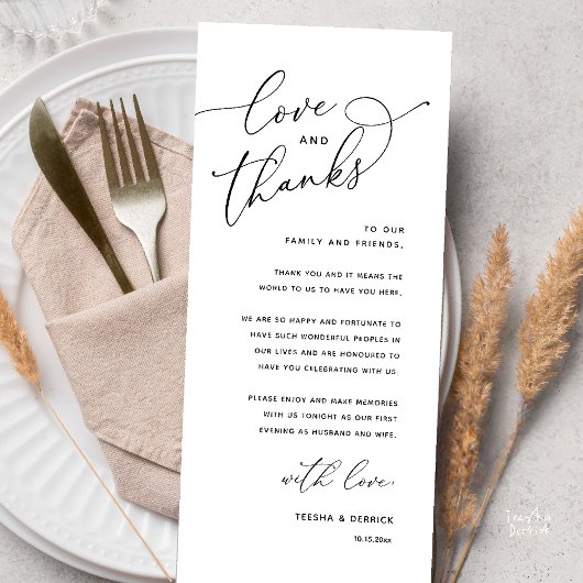 Liebe und Dank, Hochzeits-Dinner-Dankeskarten Programm
