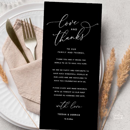 Liebe und Dank, Hochzeits-Dinner-Dankeskarten Programm