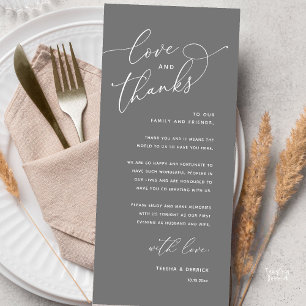 Liebe und Dank, Hochzeits-Dinner-Dankeskarten Programm