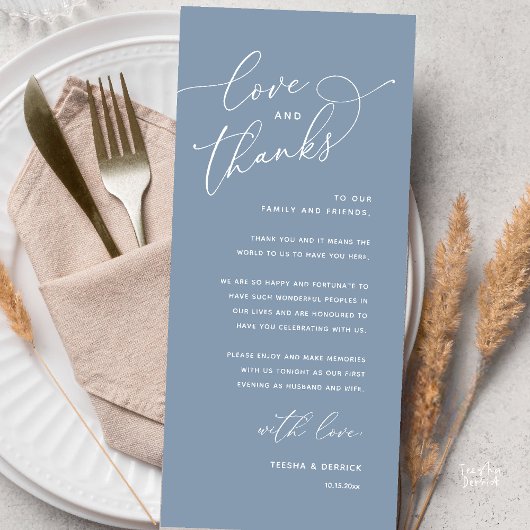 Liebe und Dank, Hochzeits-Dinner-Dankeskarten Programm