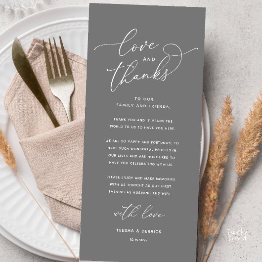 Liebe und Dank, Hochzeits-Dinner-Dankeskarten Programm