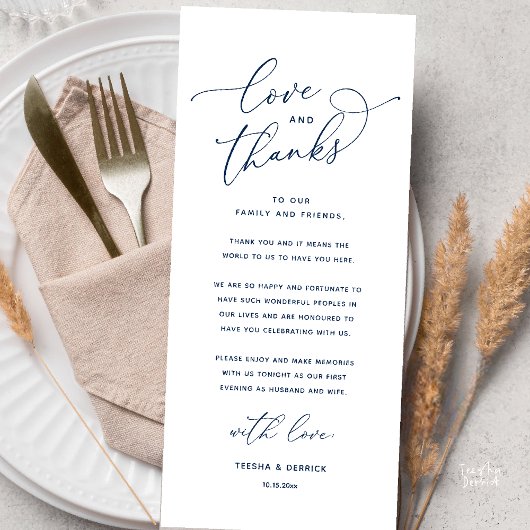 Liebe und Dank, Hochzeits-Dinner-Dankeskarten Programm