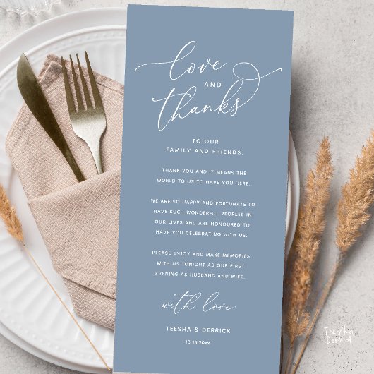 Liebe und Dank, Hochzeits-Dinner Danksagungskarte Programm