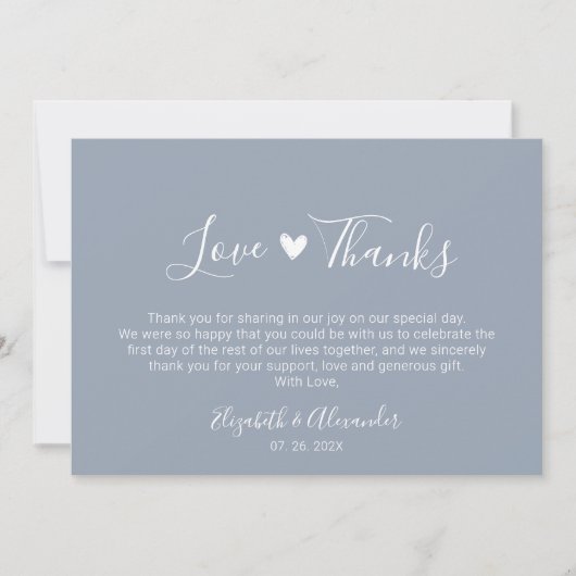 Liebe und Dank Kalligrafie Script Blue Wedding Dankeskarte (Vorderseite)