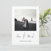 Liebe und Dank Minimal Calligrafy Foto Hochzeit Dankeskarte (Stehend Vorderseite)